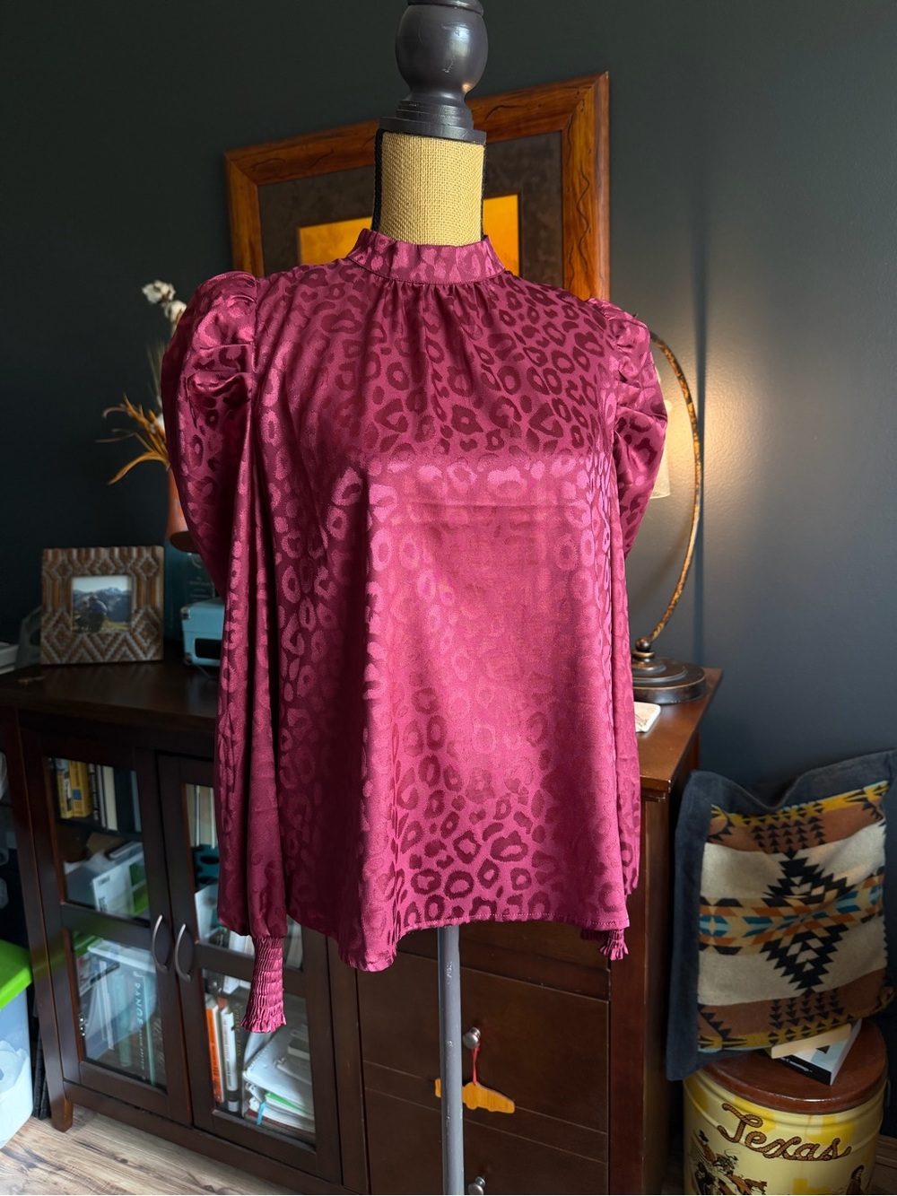 Women's Satin Leopard Jacquard Blouse - Deep Berry